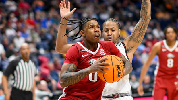 Razorbacks' Khalif Battle drives to the basket against South Carolina